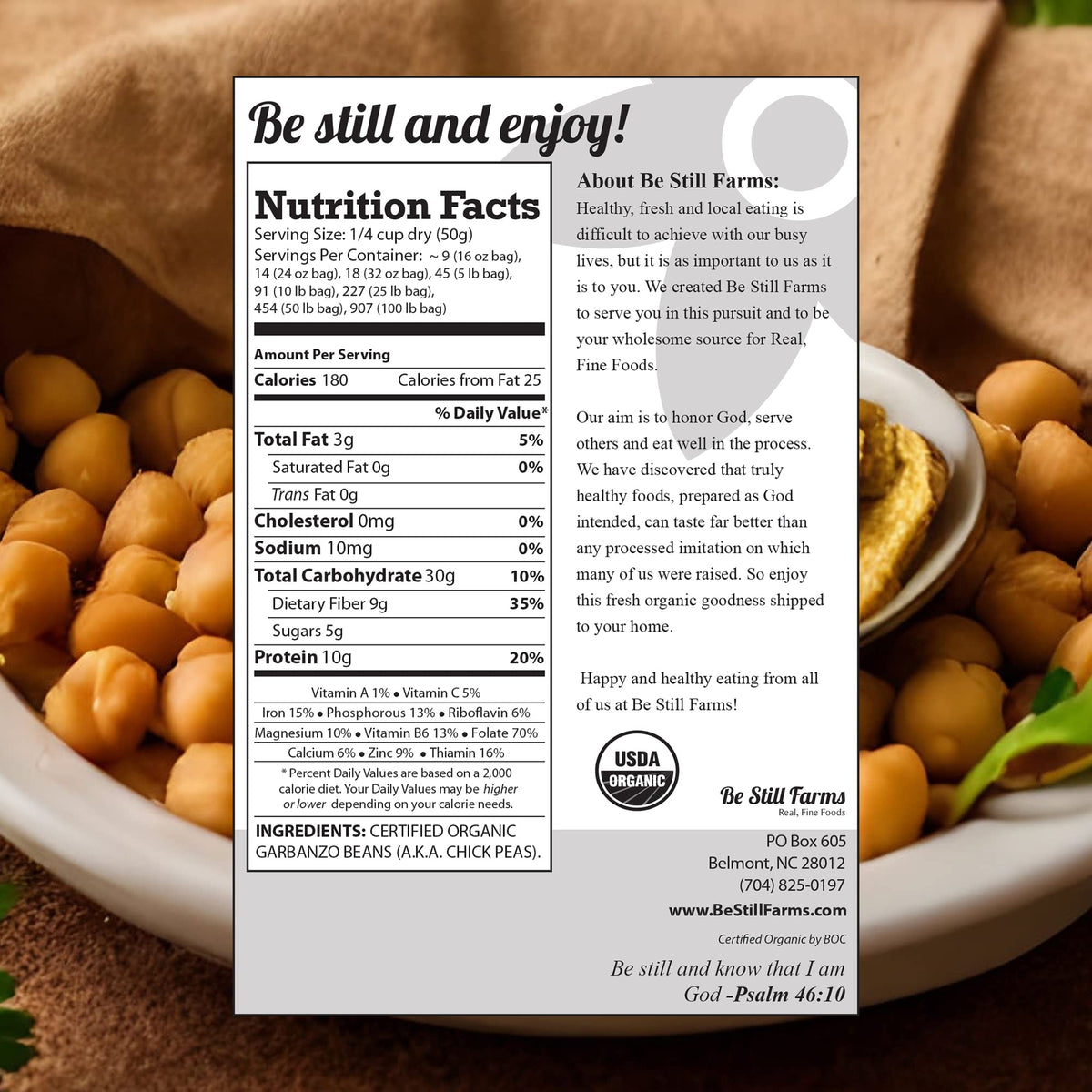 Be Still Farms chickpeas ideal for soups and stews with protein and texture.