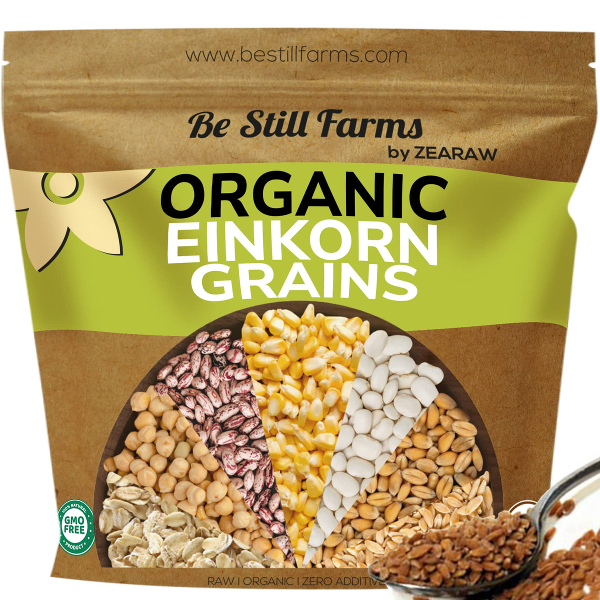 Be Still Farms Einkorn Farro Grain bag, ideal for soups and baking.