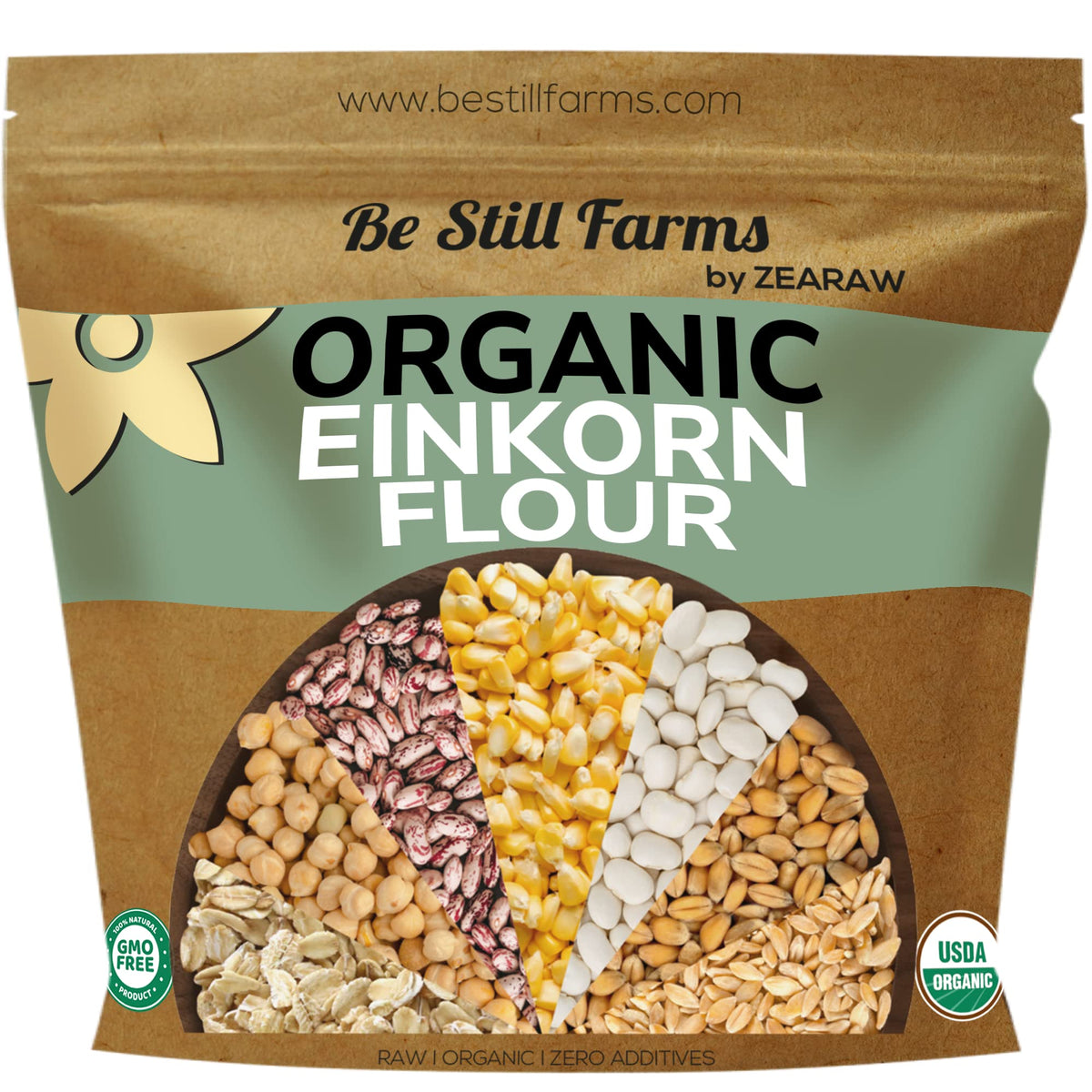 Be Still Farms Einkorn Flour bag front, a nutrient-rich baking staple.