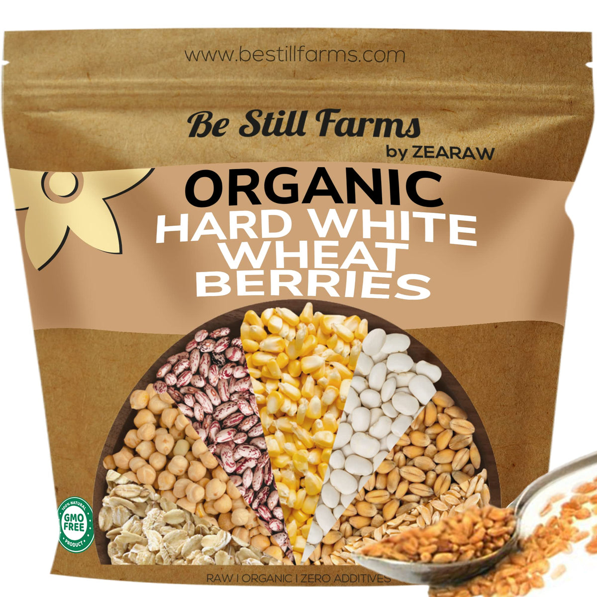 Be Still Farms organic hard white wheat berries in a 5-8 lb bag, versatile for soups and breads.