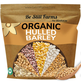 Be Still Farms Organic Hulled Barley Grain bag ready for bulk pantry storage.