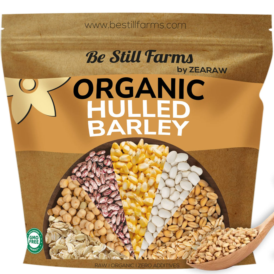 Be Still Farms Organic Hulled Barley Grain bag ready for bulk pantry storage.