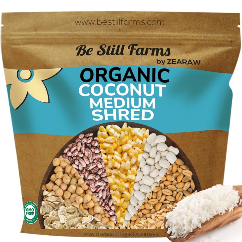 Be Still Farms Organic Shredded Coconut Unsweetened bag for pantry storage and easy use