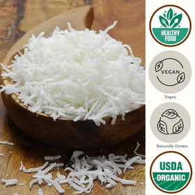 Be Still Farms coconut flakes close-up showing fine texture ideal for baking