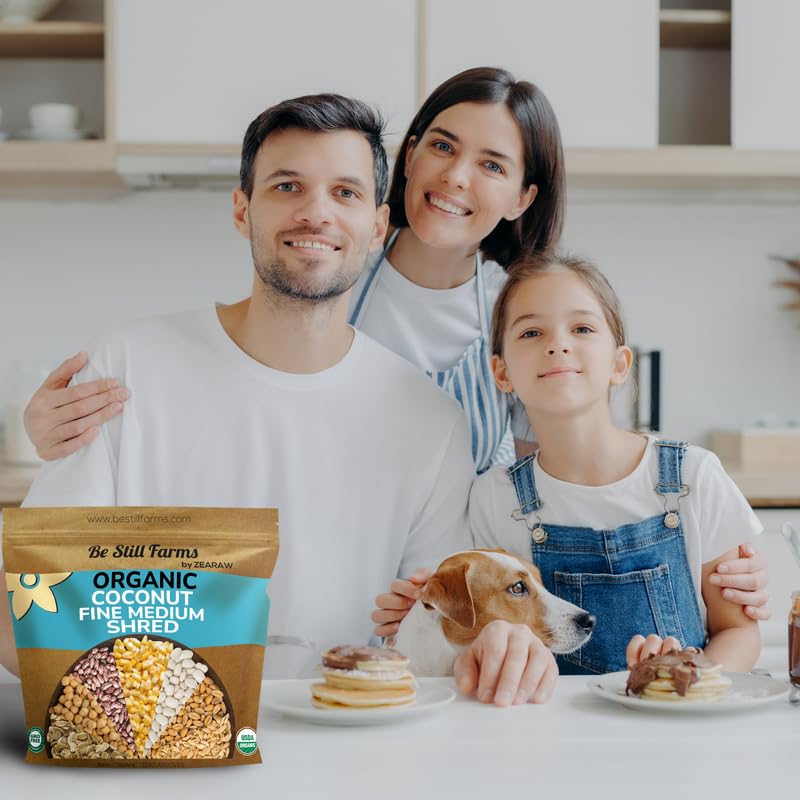 Be Still Farms shredded coconut stored in pantry for ready-to-use convenience