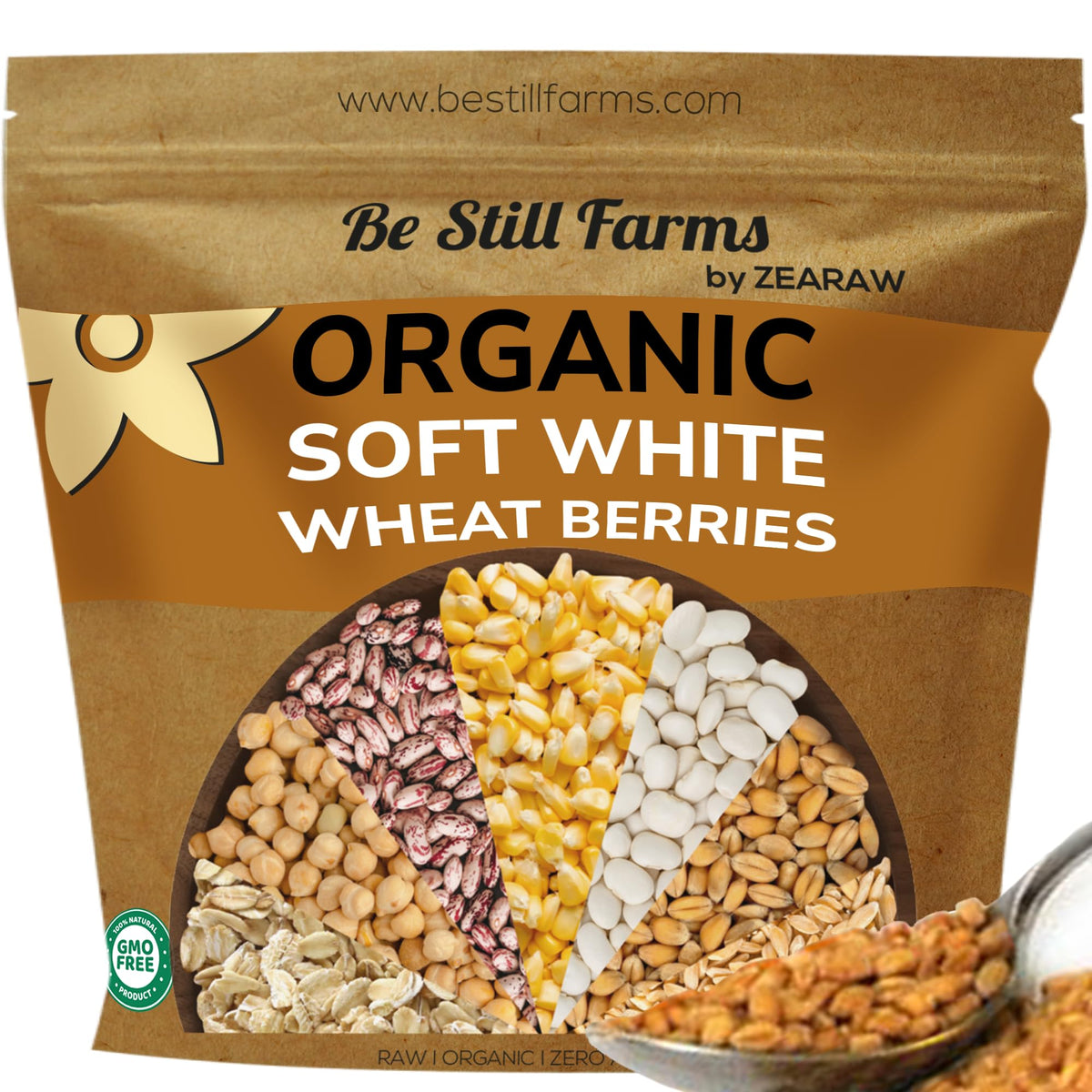 Be Still Farms organic soft white wheat berries in a 5.8 lb bag for versatile bulk cooking.