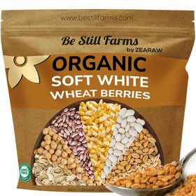 Be Still Farms organic soft white wheat berries in a 5.8 lb bag for versatile bulk cooking.