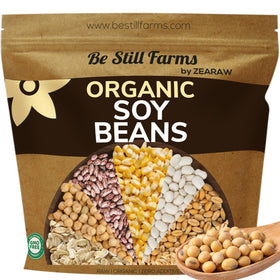 Be Still Farms Organic Soy Beans bag on display, ideal bulk protein for meals.