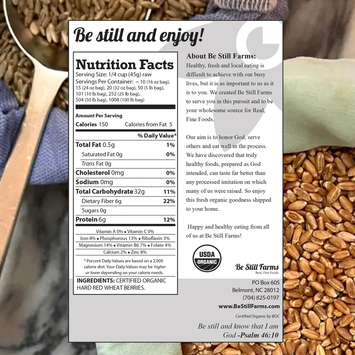 Be Still Farms wheat berries used in salads or pilafs, versatile grain for healthy meals.