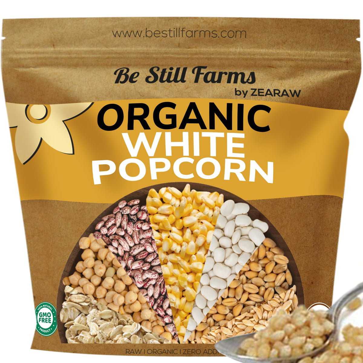 Be Still Farms white organic popcorn kernels hero image for premium home popping and bulk value