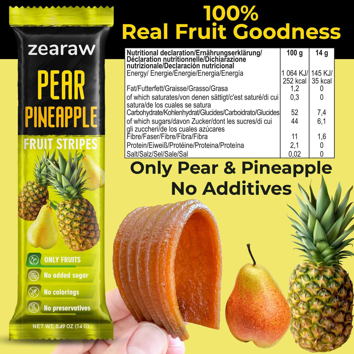 Be Still Farms ZEARAW pineapple fruit strips with tropical flavor in a portable pack.
