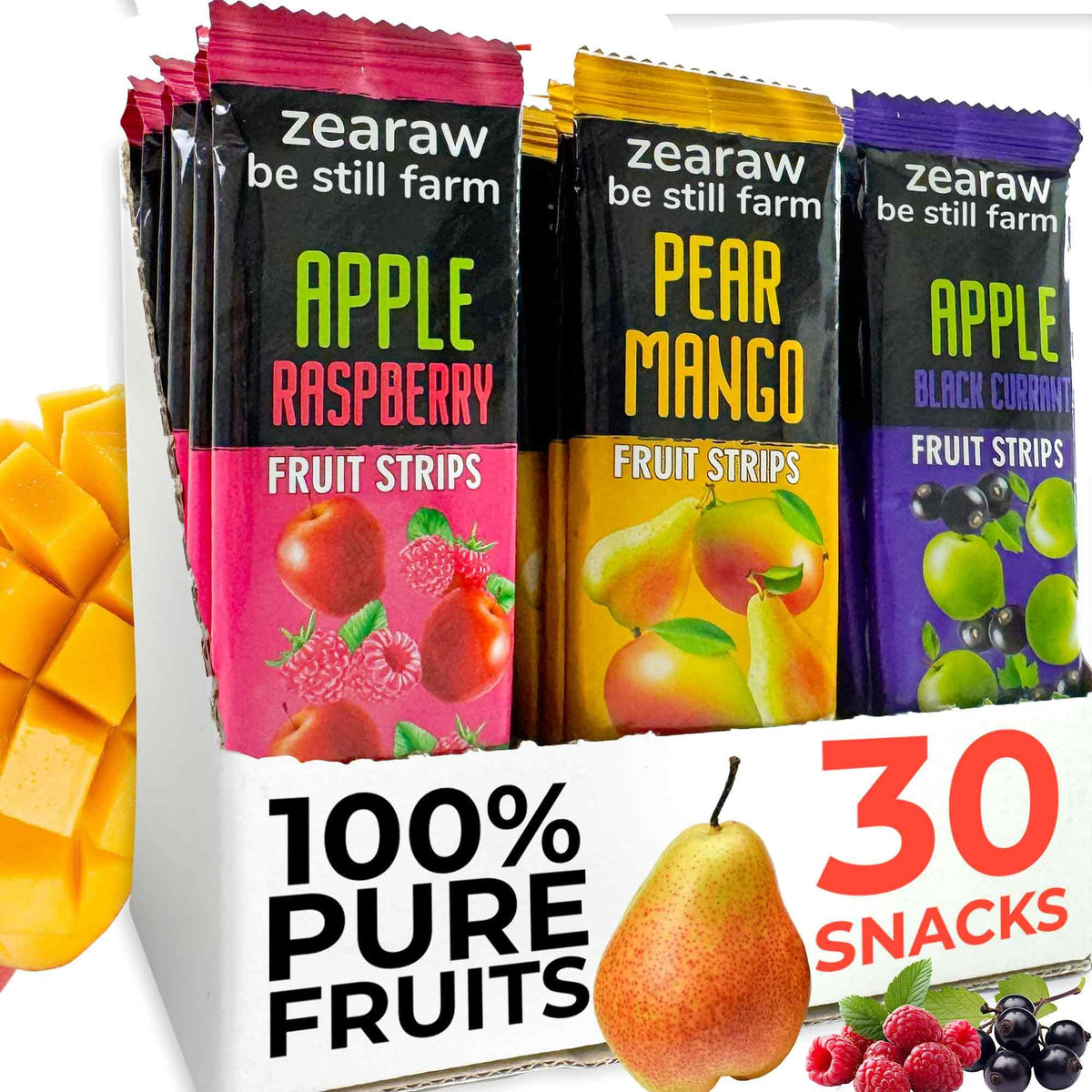 Be Still Farms ZEARAW variety-pack box of gluten-free fruit snacks suitable for all ages