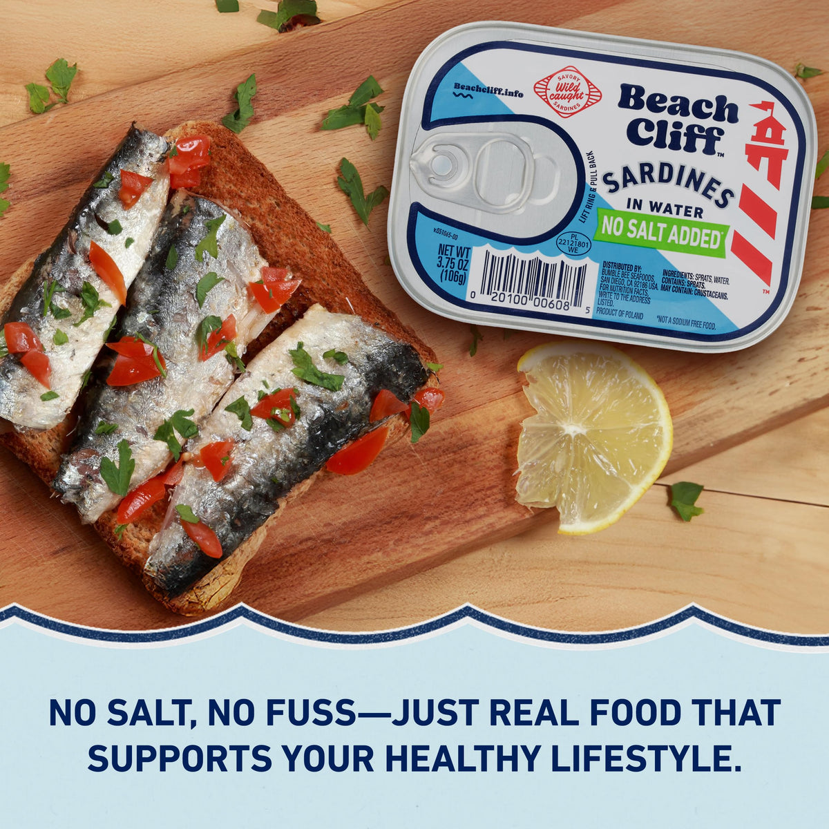 Beach Cliff no salt added sardines offering gluten free and keto friendly option.