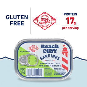 Beach Cliff sardines in soybean oil with hot green chilies, versatile pantry staple.