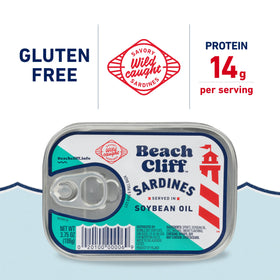 Beach Cliff sardines in soybean oil, label visible, ideal pantry staple.