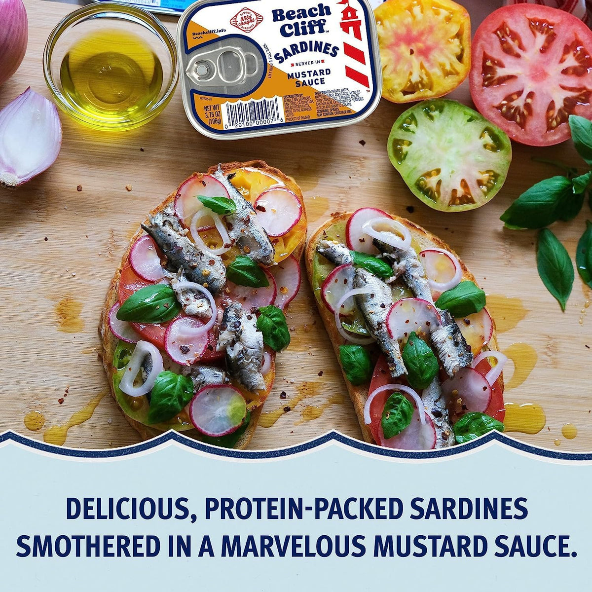 Sustainable Beach Cliff sardines in mustard sauce for seafood recipes.