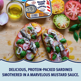 Sustainable Beach Cliff sardines in mustard sauce for seafood recipes.