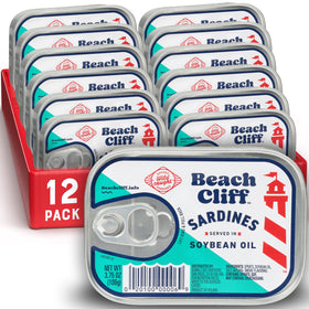 Beach Cliff wild caught sardines in soybean oil can, protein-rich snack option.