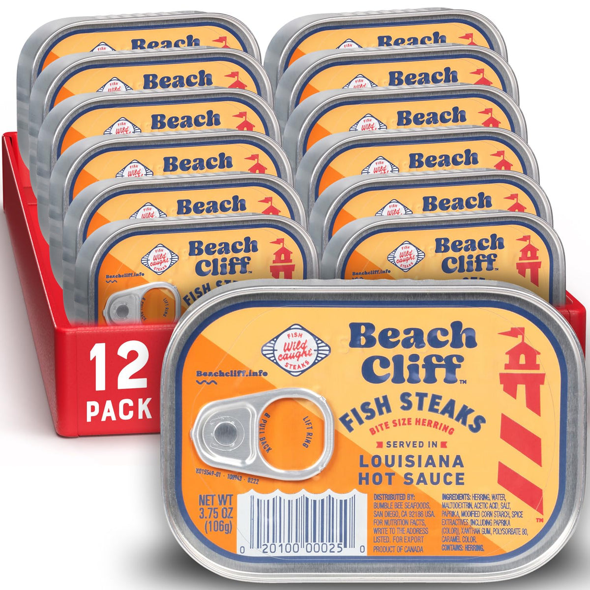 Beach Cliff wild caught fish steaks in hot sauce can front, protein-packed seafood option.
