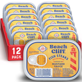 Beach Cliff wild caught herring steaks in mustard sauce, ready-to-eat snack with bold flavor.