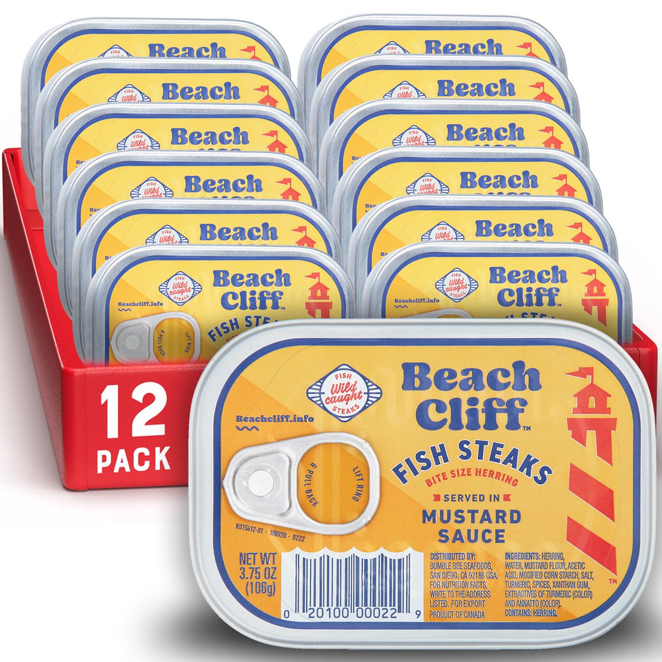 Beach Cliff wild caught herring steaks in mustard sauce, ready-to-eat snack with bold flavor.