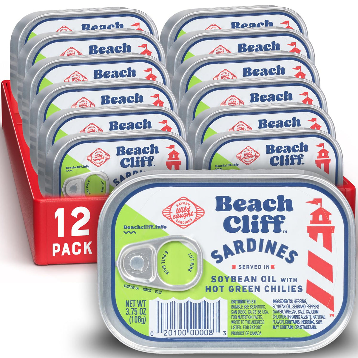 Beach Cliff wild caught sardines in hot green chilies can, protein-rich snack.