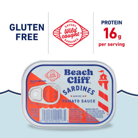 Beach Cliff sardines in tomato sauce plated, ideal with pasta or salads.