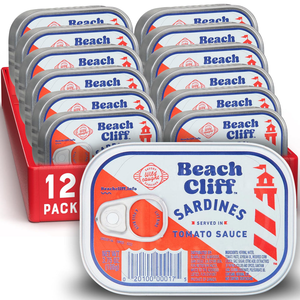 Beach Cliff wild caught sardines in tomato sauce stacked for a quick protein-packed meal.