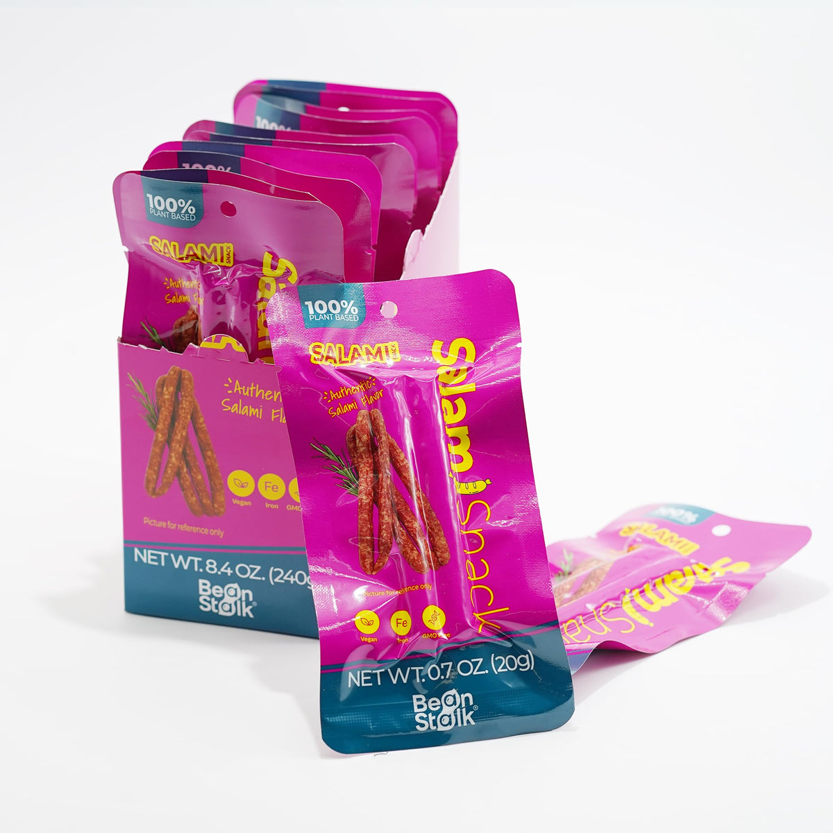 Bean Stalk Savory Salami Snack, plant-based jerky with 7g protein, ideal for on-the-go snacking.