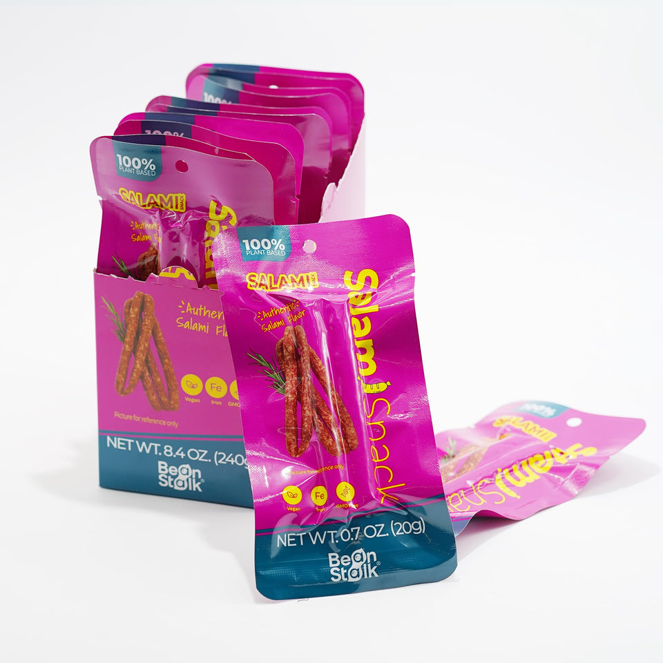 Bean Stalk Savory Salami Snack, plant-based jerky with 7g protein, ideal for on-the-go snacking.