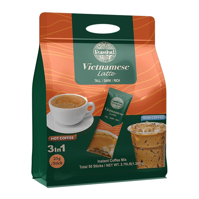 Beanhut Vietnamese Latte packets on display, convenient daily 3-in-1 solution.