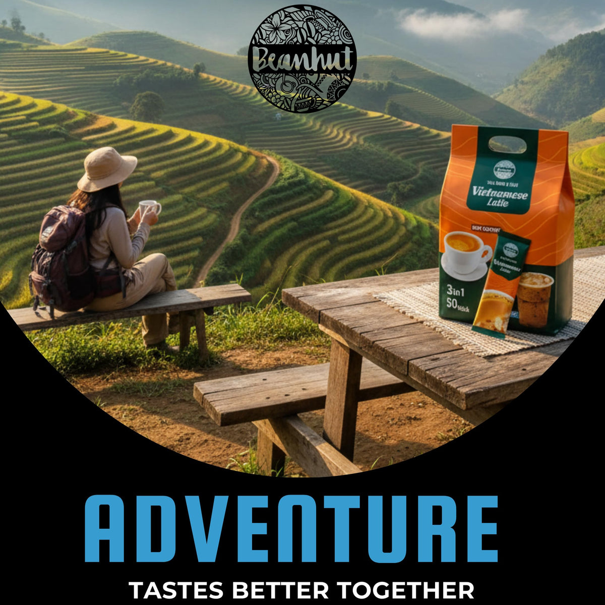 Beanhut Vietnamese Latte stacked packets illustrating compact travel-friendly design.