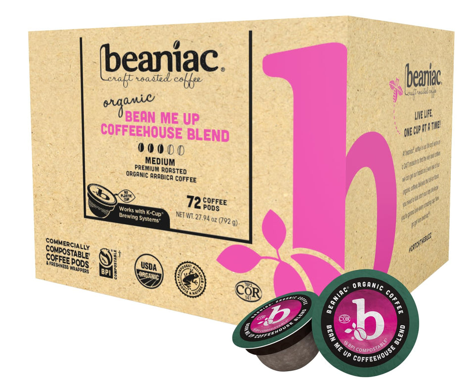 Beaniac Bean Me Up coffee pods pack for quick, convenient morning brews.
