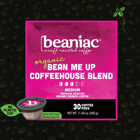 Beaniac Coffeehouse Blend packaging highlights premium arabica and sustainable sourcing