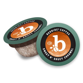 Beaniac compostable pod with BPI certification shown for sustainable single-serve coffee.