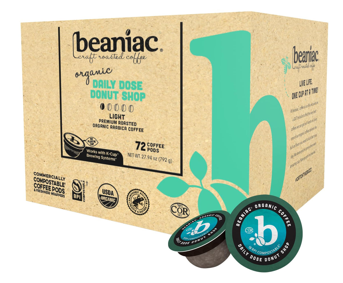 Beaniac Daily Dose Donut Shop pod front view shows eco friendly packaging.