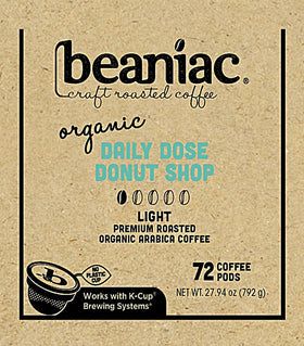 Beaniac Donut Shop pod in mug brew setup implying a smooth cup.