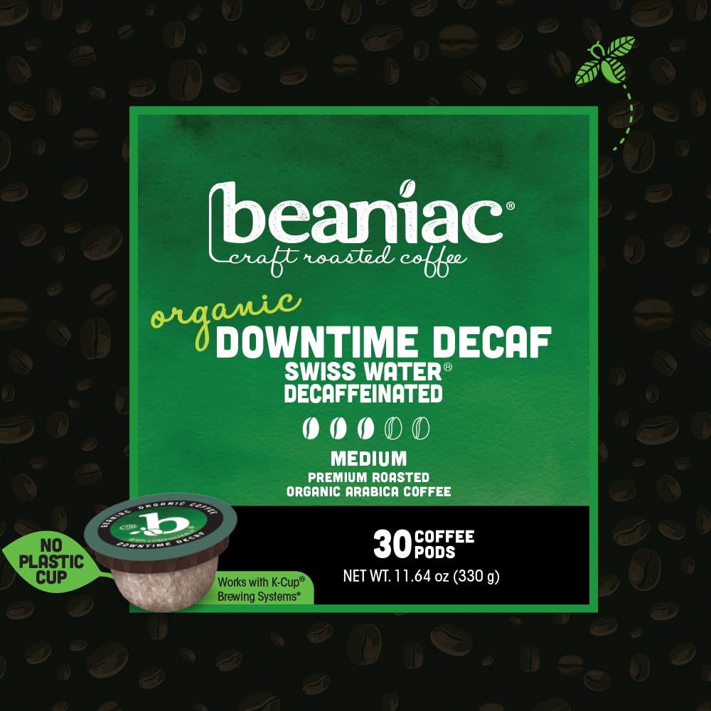 Beaniac Downtime Decaf Swiss Water pods ready for easy, caffeine-free brewing.