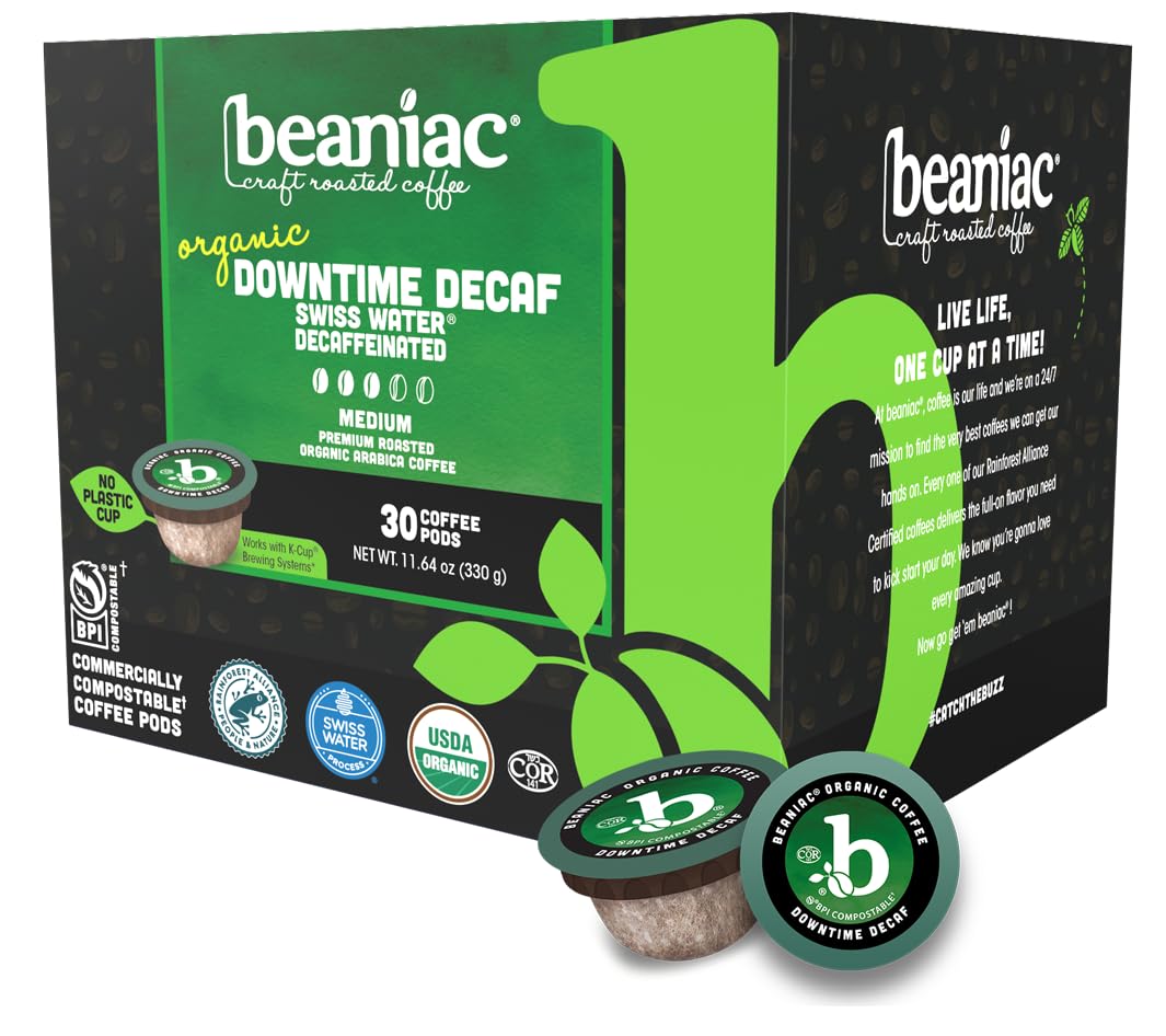 Beaniac Downtime Decaf Swiss Water pods in packaging for eco-friendly brewing.