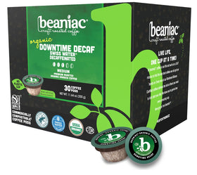 Beaniac Downtime Decaf Swiss Water pods in packaging for eco-friendly brewing.