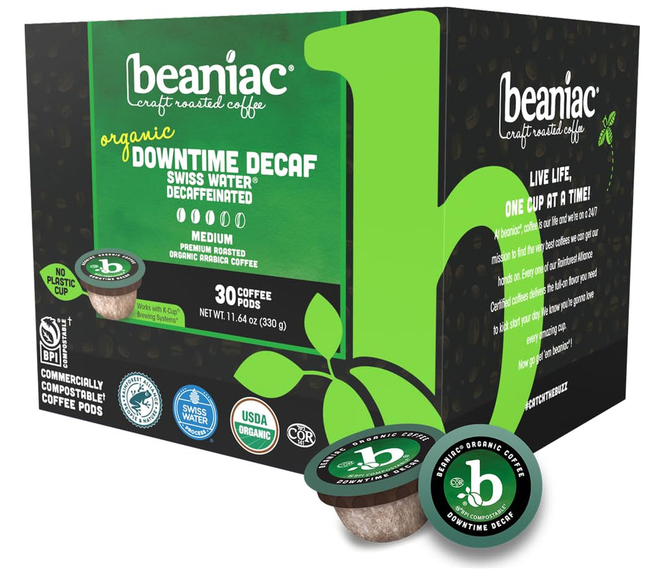 Beaniac Downtime Decaf Swiss Water pods in packaging for eco-friendly brewing.