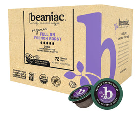 Beaniac French Roast K-Cup pods deliver rich aroma for bold mornings.