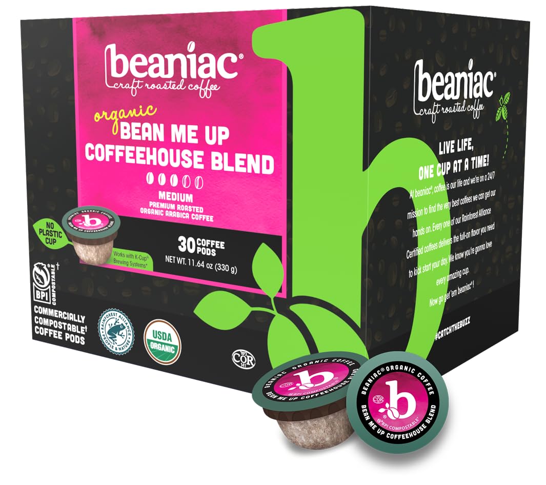 Beaniac Organic Bean Me Up pod with rich aroma ideal for Keurig brewers