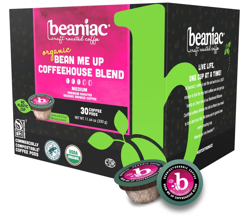 Beaniac Organic Bean Me Up pod with rich aroma ideal for Keurig brewers