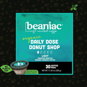 Beaniac Organic Daily Dose pod packaging signaling eco-conscious, compostable choice.