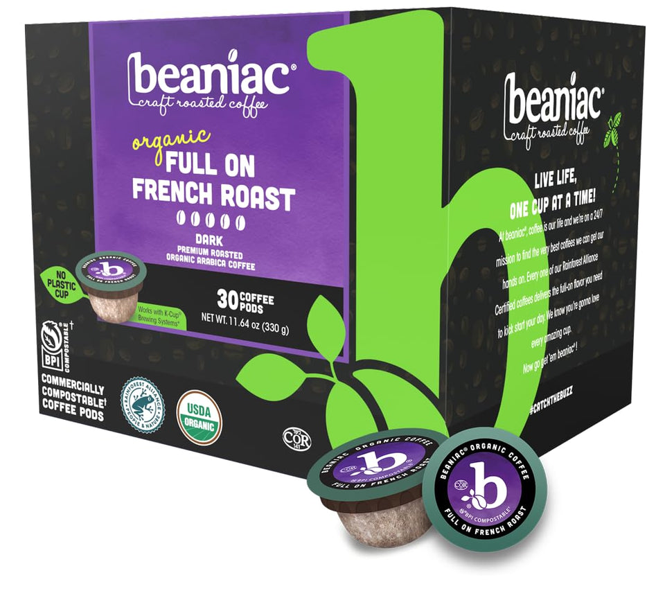 Beaniac Organic Full On French Roast packshot showing convenient, eco-friendly single-serve coffee.