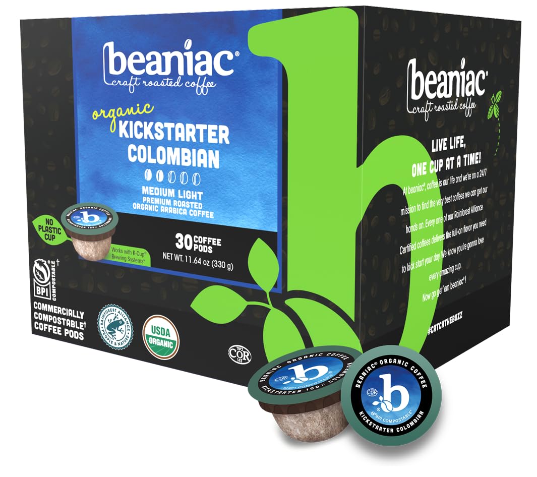 Beaniac Organic Kickstarter Colombian coffee pods ready for quick, mess-free mornings.