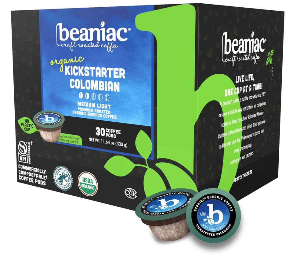 Beaniac Organic Kickstarter Colombian coffee pods ready for quick, mess-free mornings.