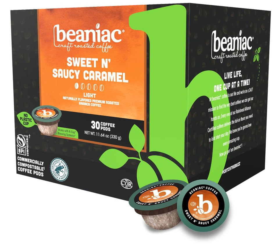 Beaniac Sweet n' Saucy Caramel coffee pod closeup shows rich aroma and caramel notes.
