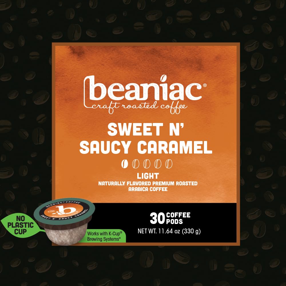 Beaniac Sweet n' Saucy Caramel pod closeup highlights aroma and flavor depth.